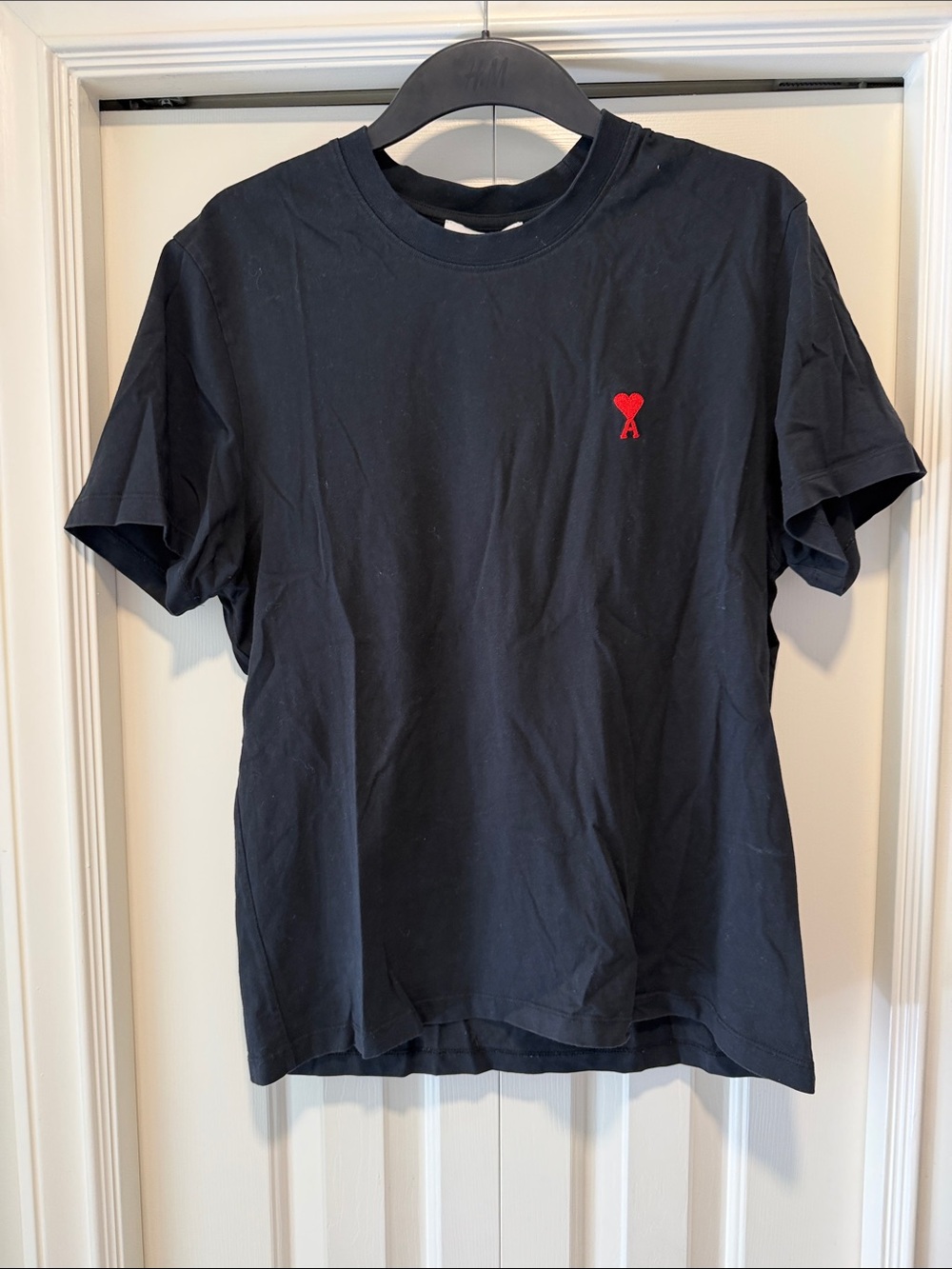 Ami Black Short Sleeve T‑Shirt with Small Red Heart Logo